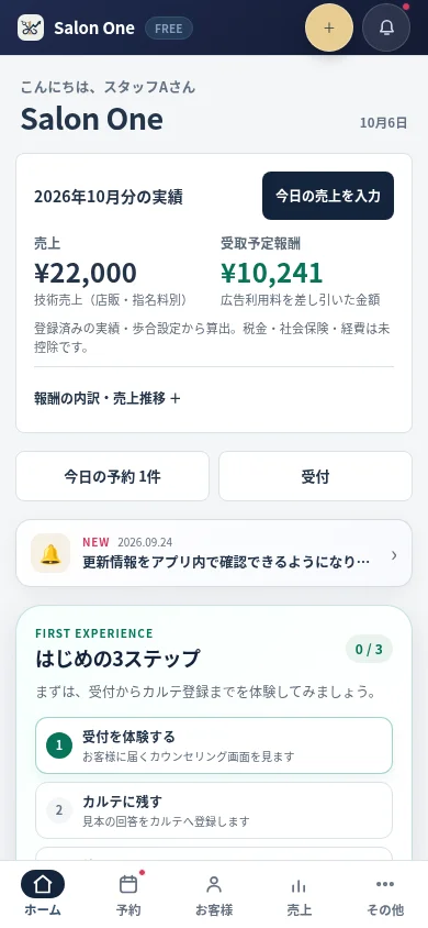 Salon Oneで予約と接客準備を確認するホーム画面の表示例