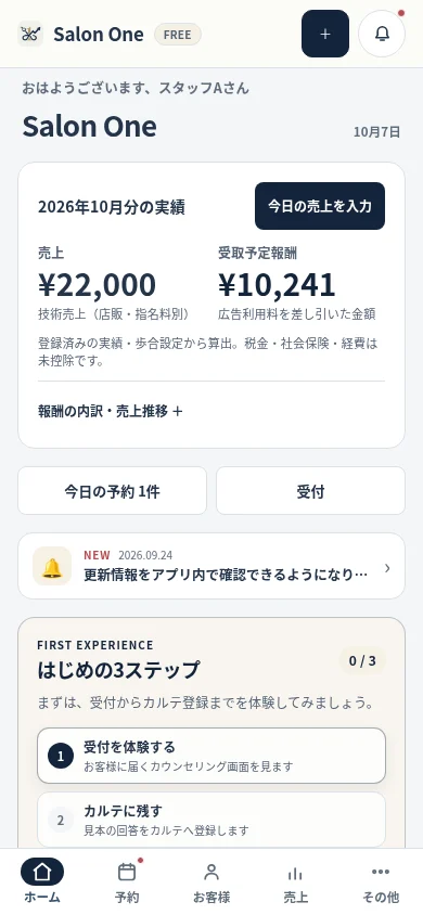 Salon Oneで予約と接客準備を確認するホーム画面の表示例