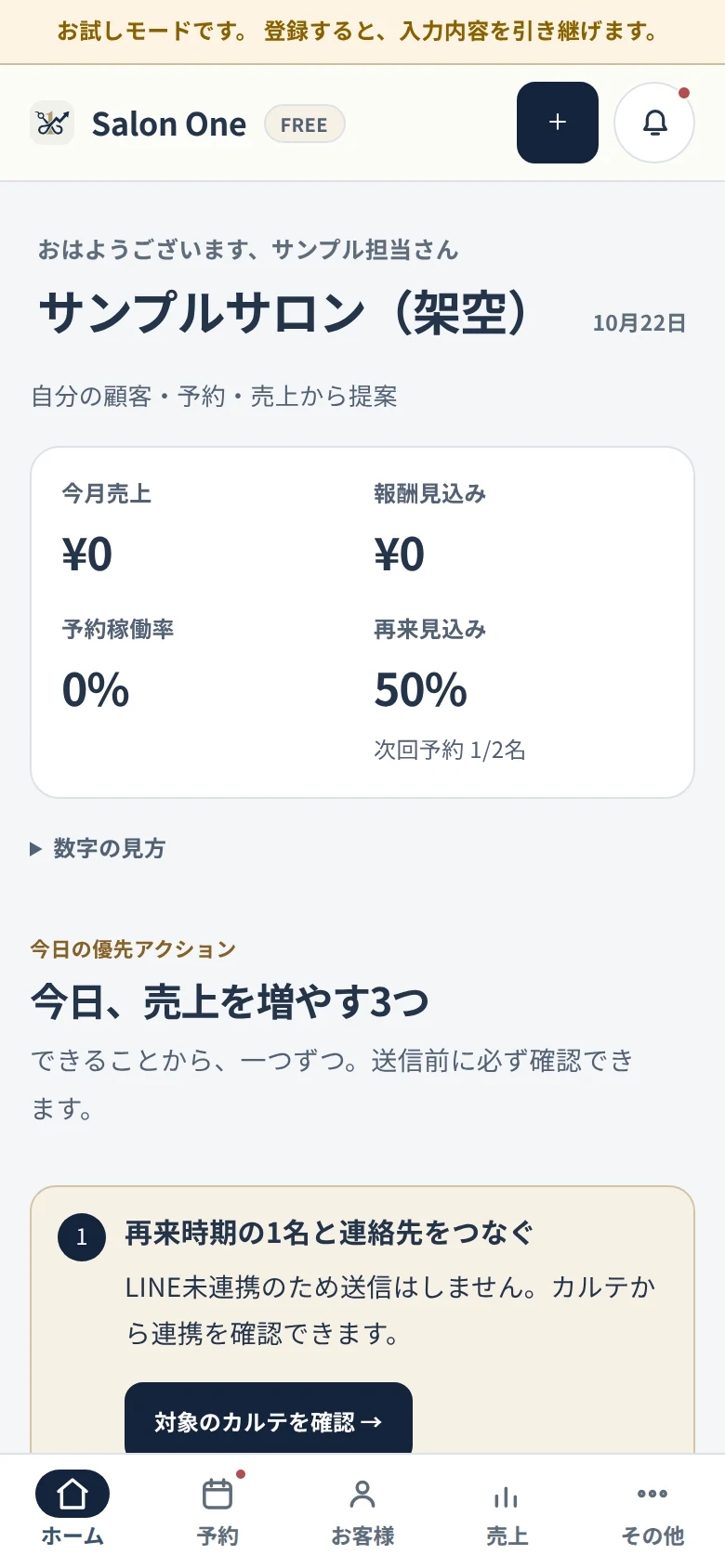 Salon Oneで予約と接客準備を確認するホーム画面の表示例